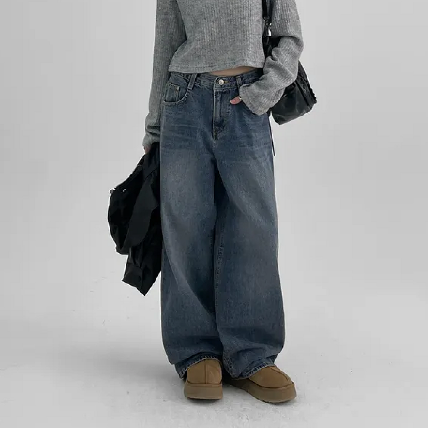 Nunity Washed Wide-Leg Denim Long Pants