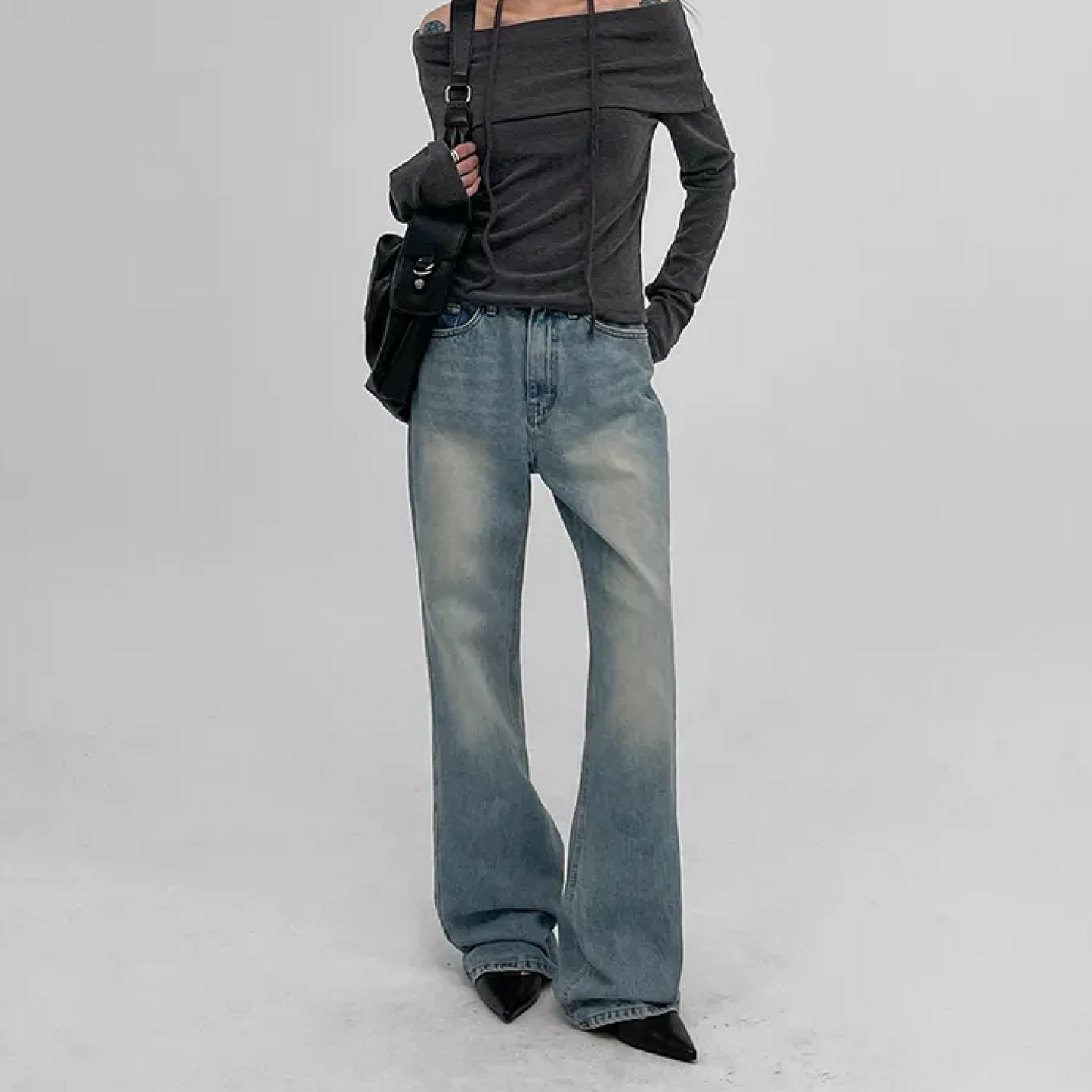 Wide Bootcut Denim Pants – Long, Vintage-Washed & Everyday Wear