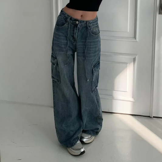 Vintage Washed Wide-Leg Cargo Jeans