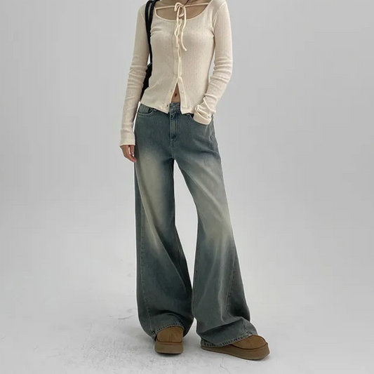 Vintage-Washed Wide-Leg Denim Pants (Relaxed & Full-Length Fit)