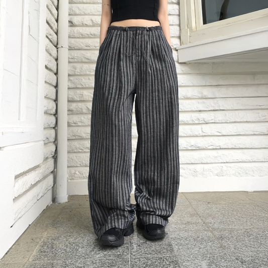 Stripe Color-Block Wide-Leg Pants with Drawstring