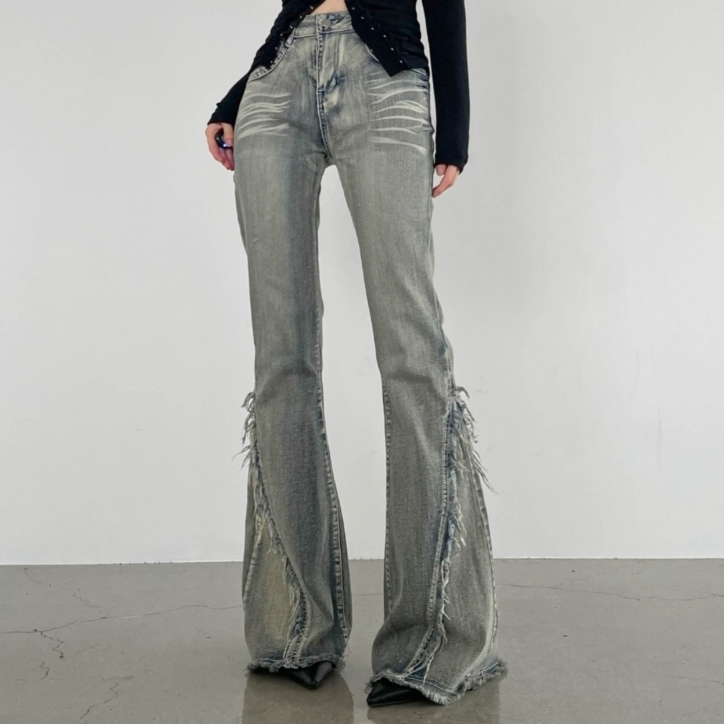 High-Waisted Vintage-Washed Bootcut Denim Pants