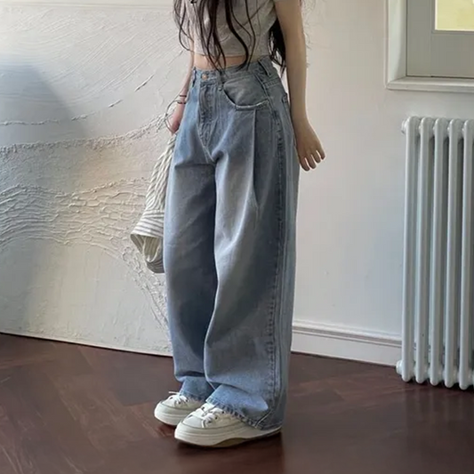 Pleated Vintage Semi-Wide Denim Pants – 2 Color