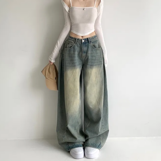 Vintage-Washed High-Waisted Denim Pants