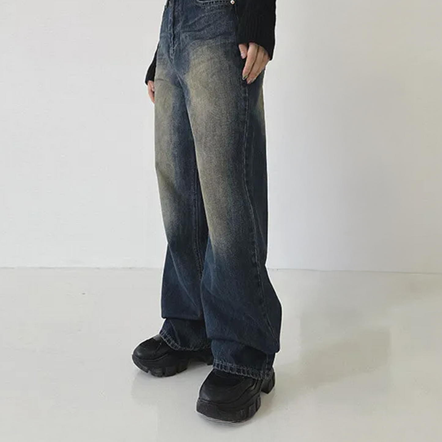 Vintage Washed Loose Wide-Leg Denim Pants – Extra Long Fit