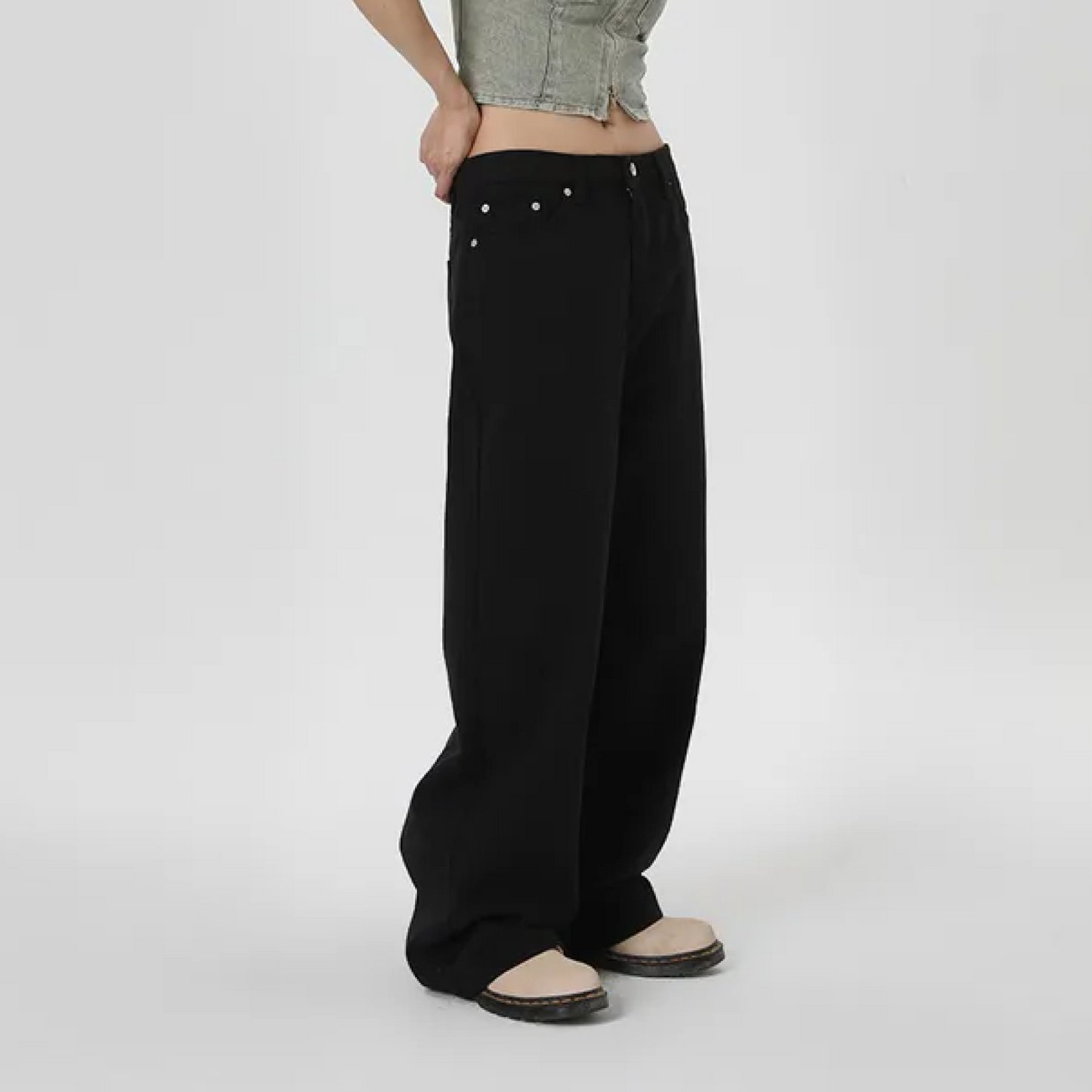 Wide Cotton Pants with Button Detail