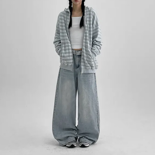 Curved-Waist Washed Wide-Leg Denim Pants