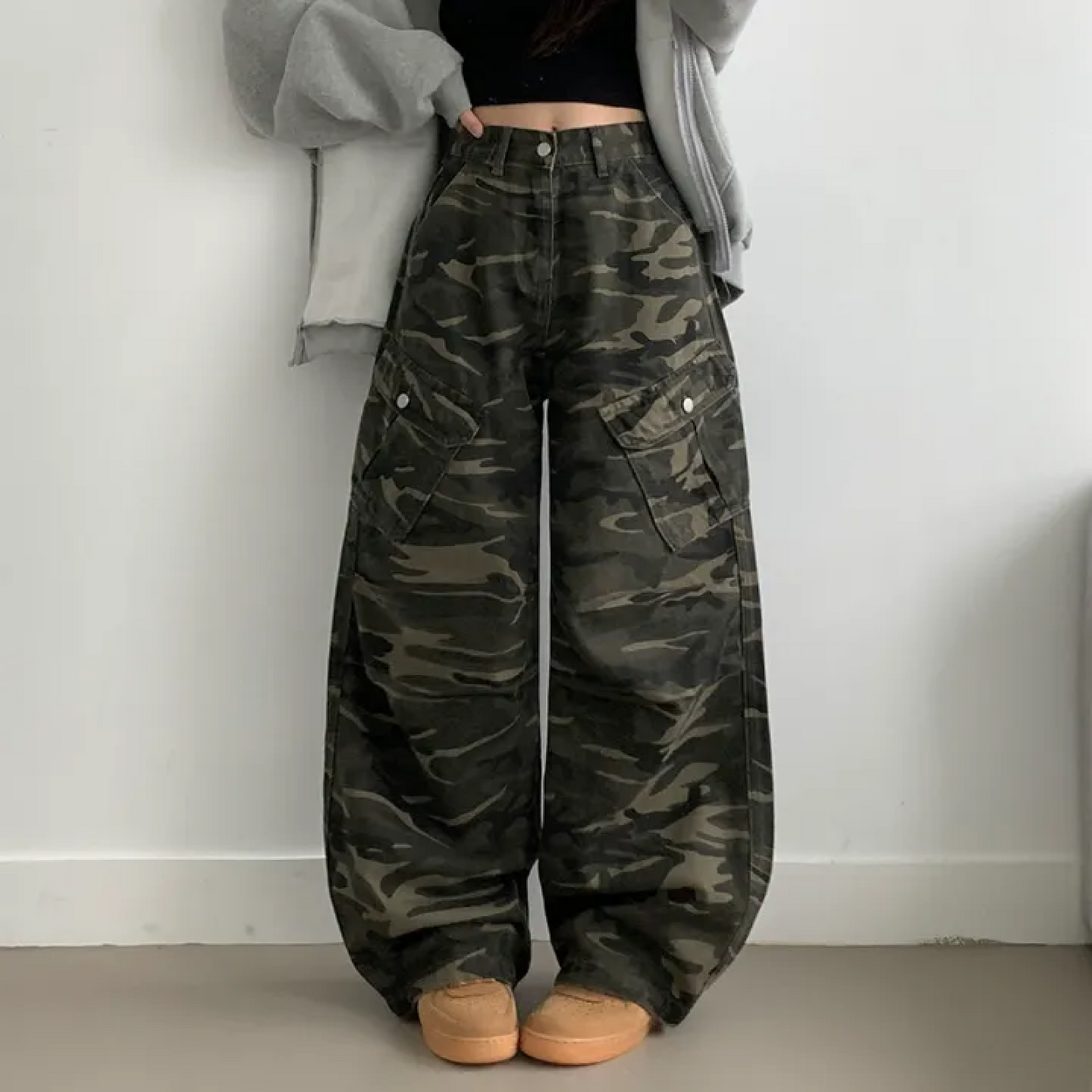 Camo High-Waisted Cargo Pants with Drawstring & Wide-Leg Design