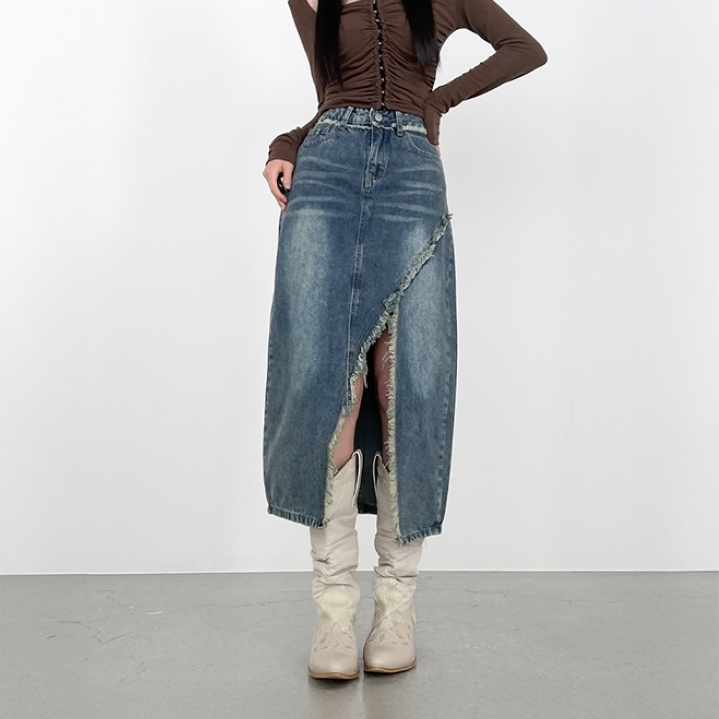 Vintage Washed Long Denim Skirt with Distressed Seam Detail