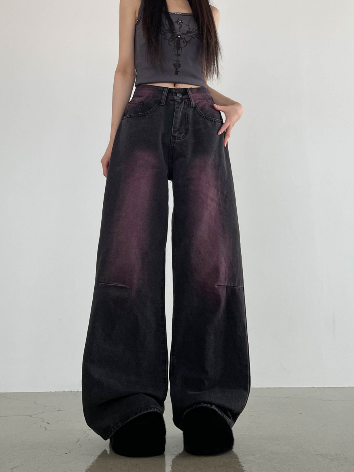 Pink Brush Washed Wide Leg Denim Pants