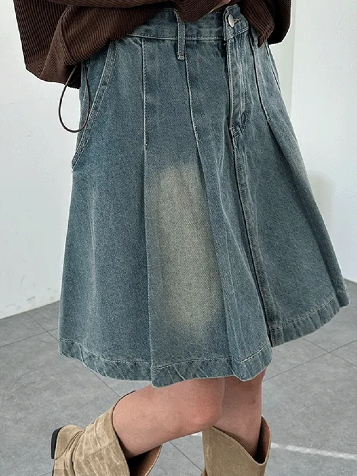 Vintage Washed Denim Skirt with Statement Pleats