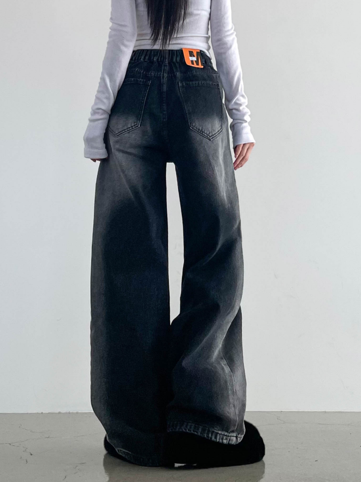 Washed Wide-Leg Denim Long Pants