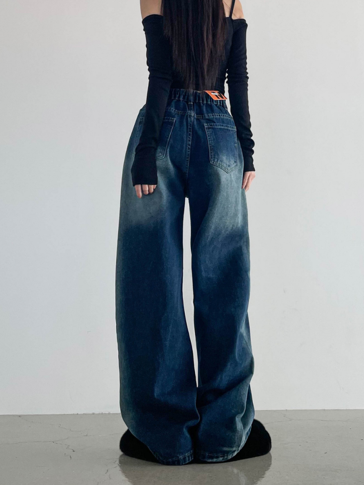 Washed Wide-Leg Denim Long Pants