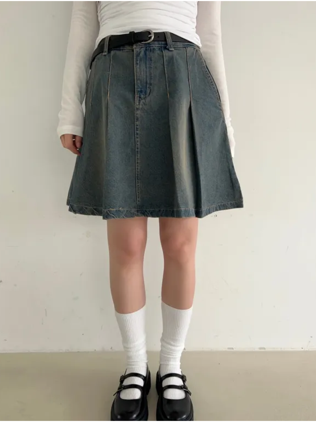 Vintage Washed Denim Skirt with Statement Pleats