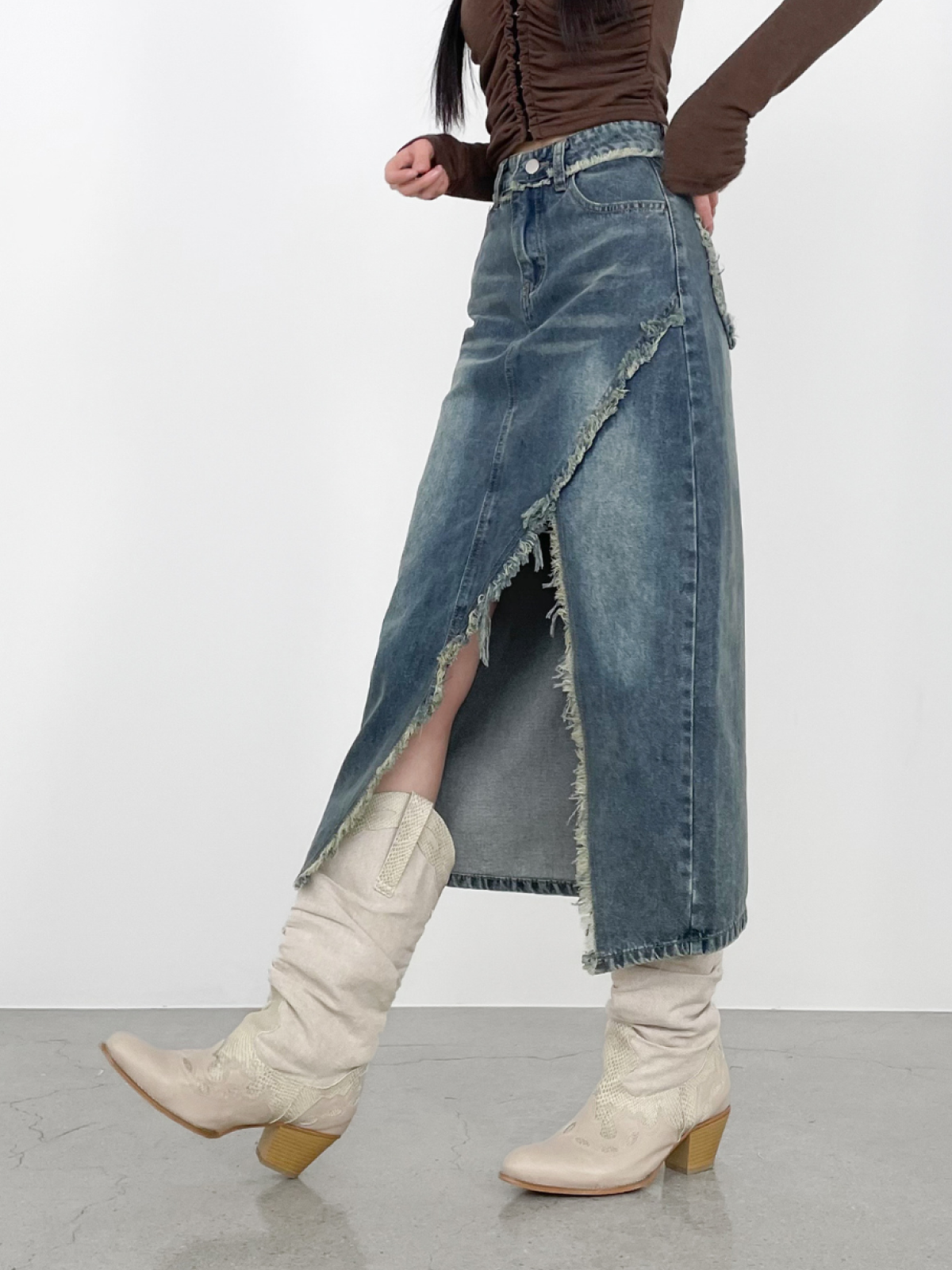 Vintage Washed Long Denim Skirt with Distressed Seam Detail