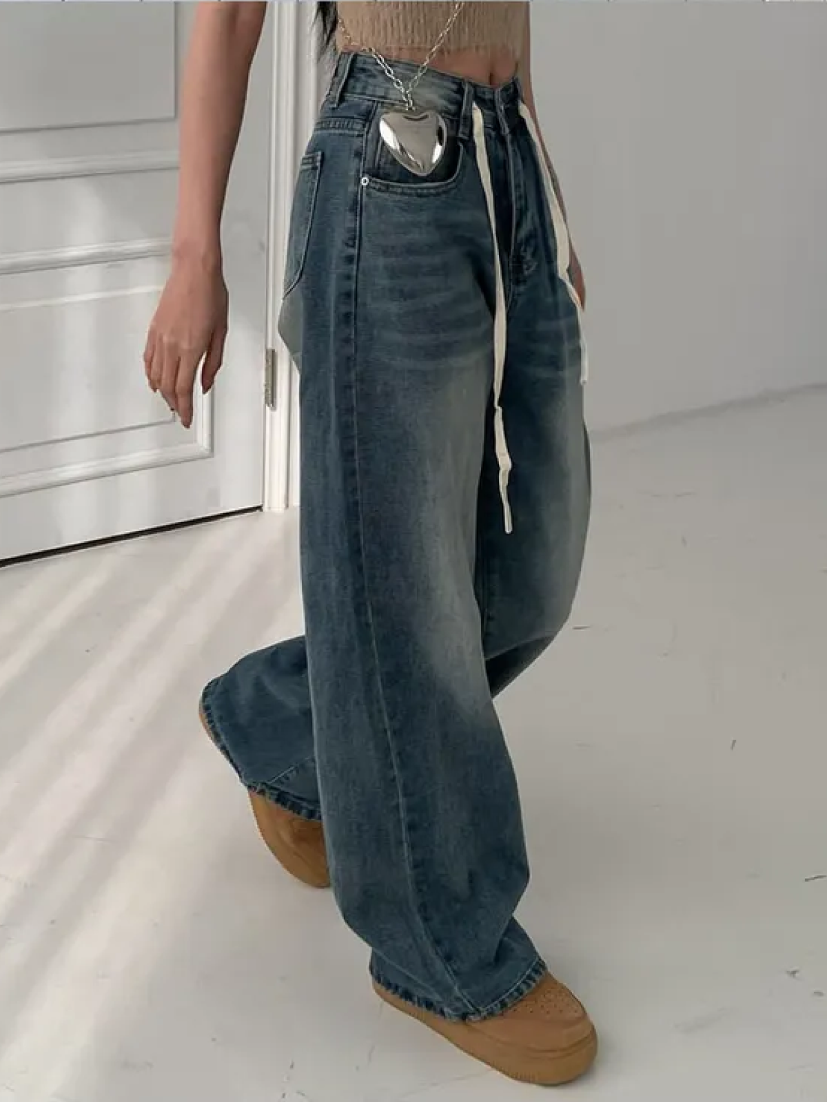 Wide-Leg Denim Pants with Vintage Strap Detail 3 Colors