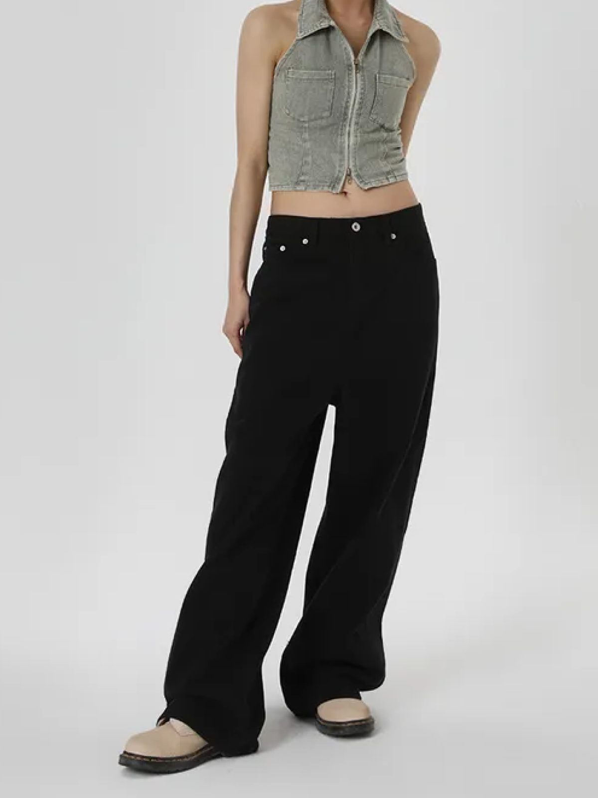 Wide Cotton Pants with Button Detail