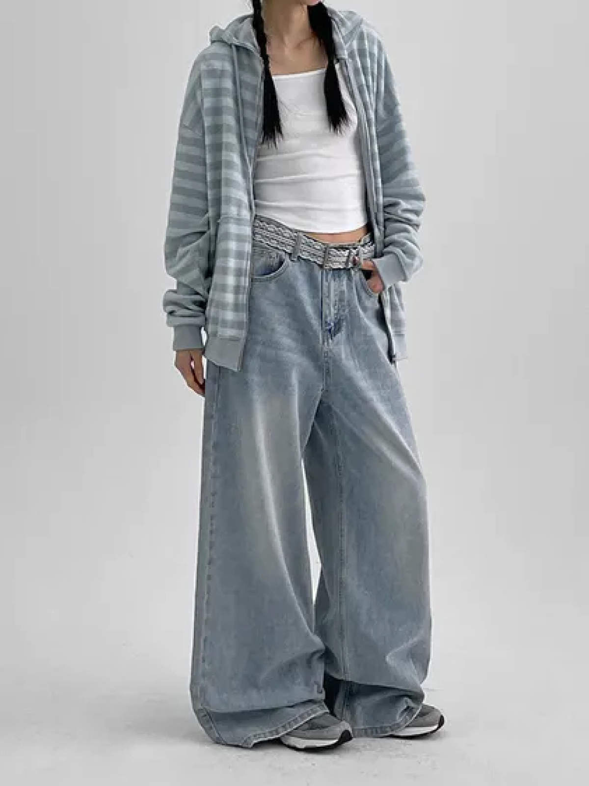 Curved-Waist Washed Wide-Leg Denim Pants