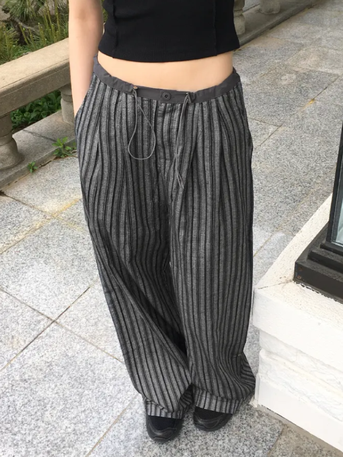 Stripe Color-Block Wide-Leg Pants with Drawstring