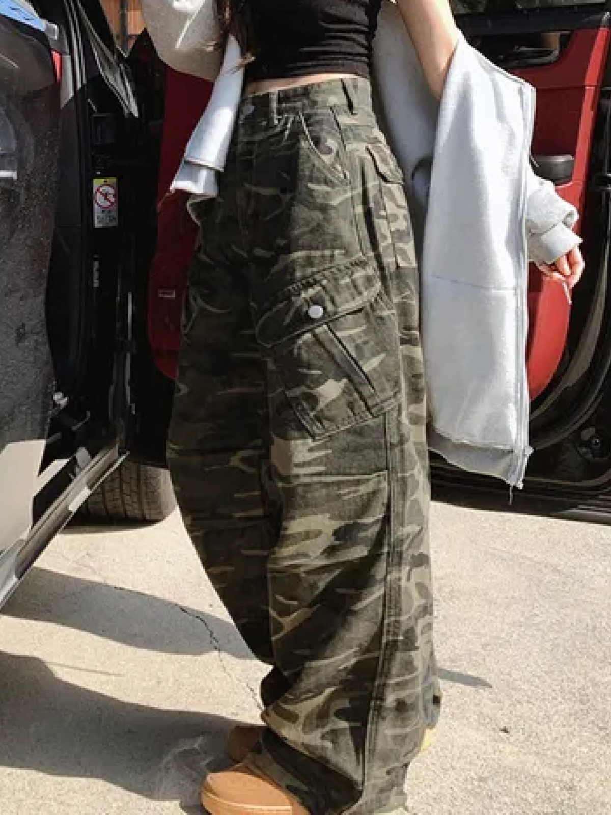 Camo High-Waisted Cargo Pants with Drawstring & Wide-Leg Design