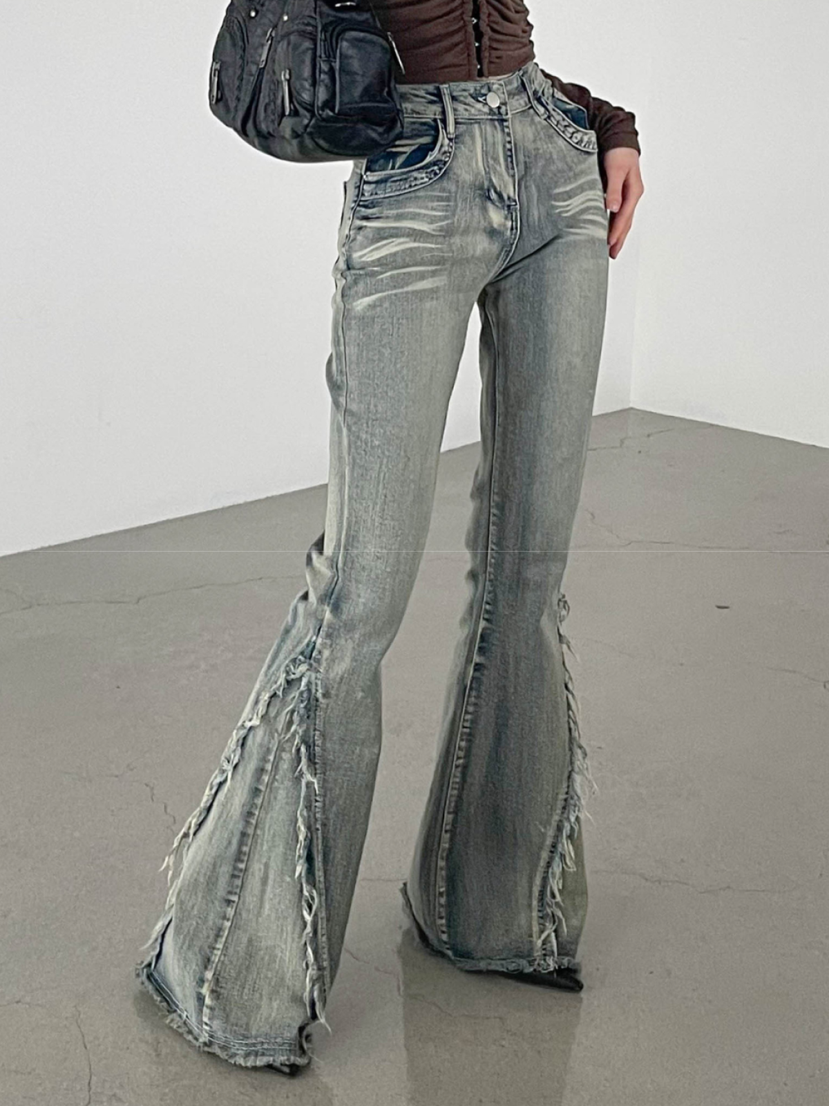 High-Waisted Vintage-Washed Bootcut Denim Pants