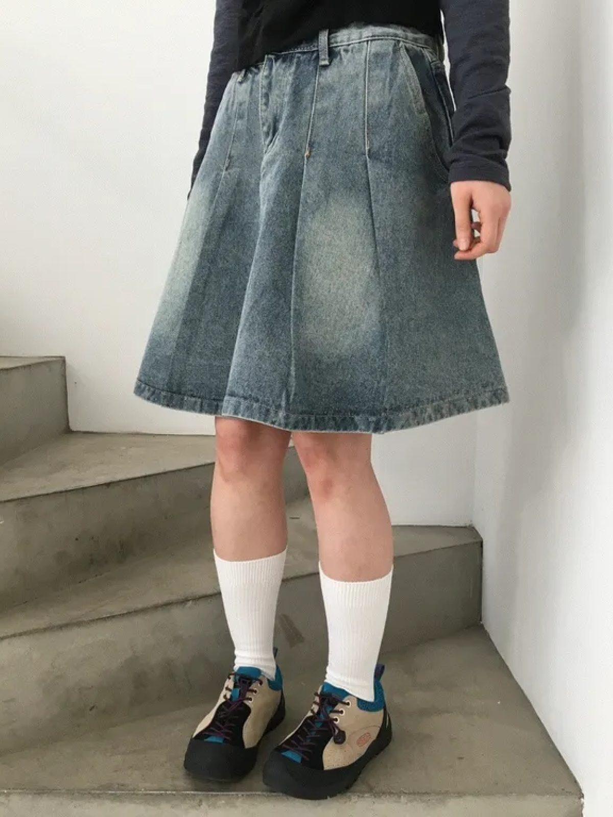 Vintage Washed Denim Skirt with Statement Pleats