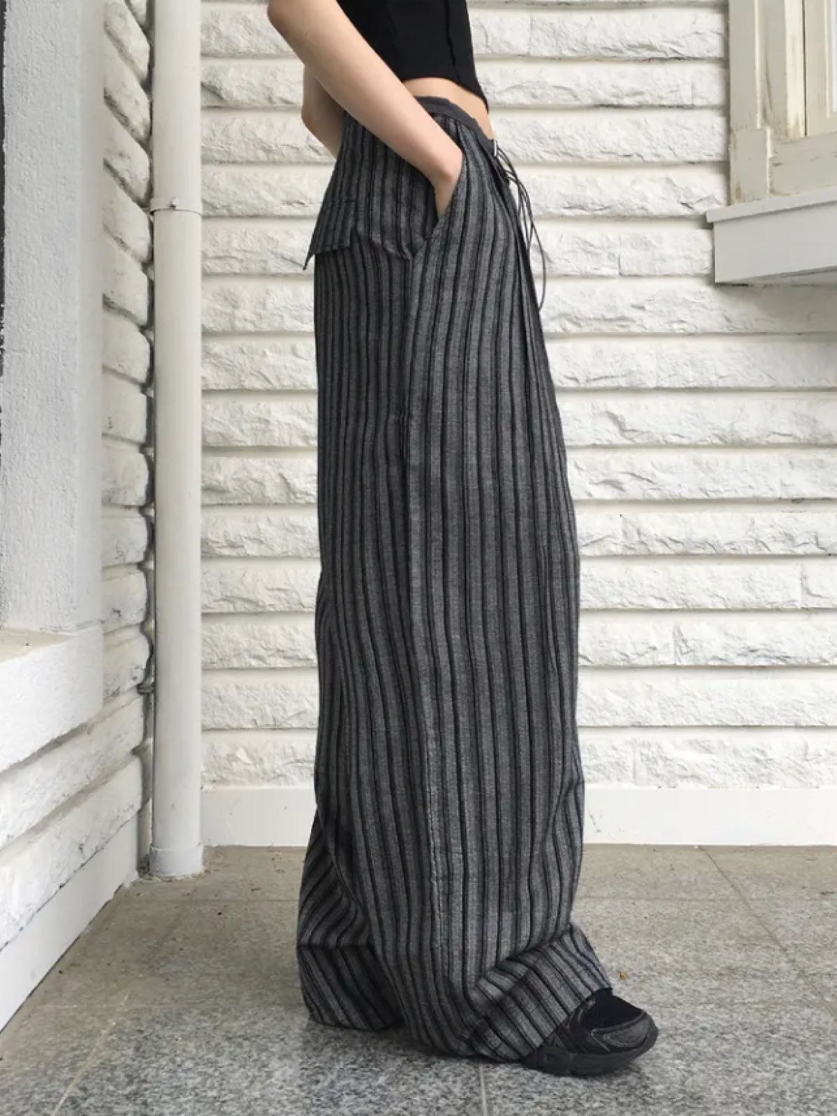 Stripe Color-Block Wide-Leg Pants with Drawstring