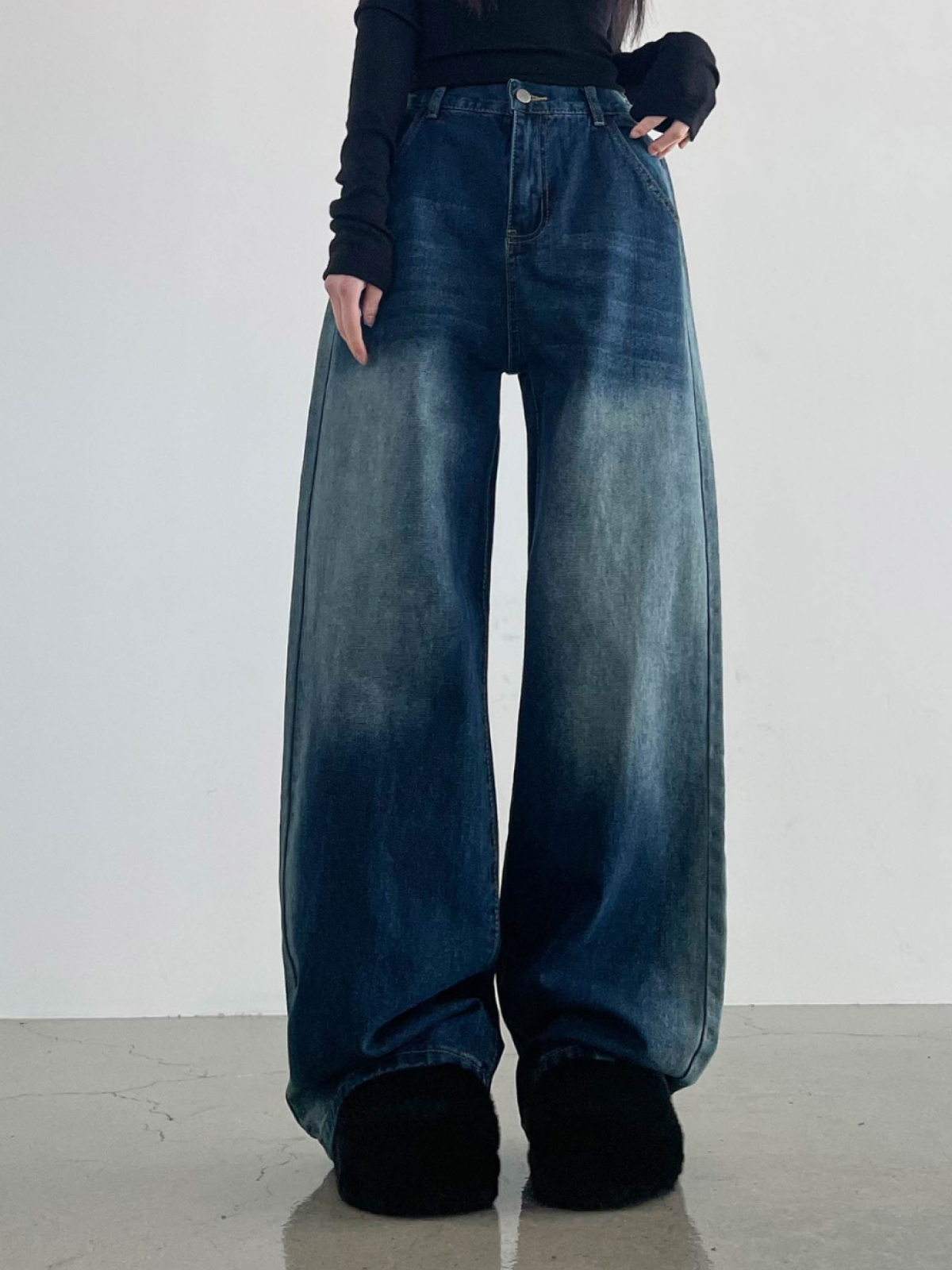 Washed Wide-Leg Denim Long Pants