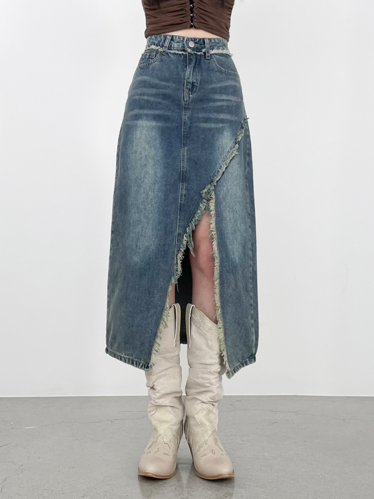 Vintage Washed Long Denim Skirt with Distressed Seam Detail