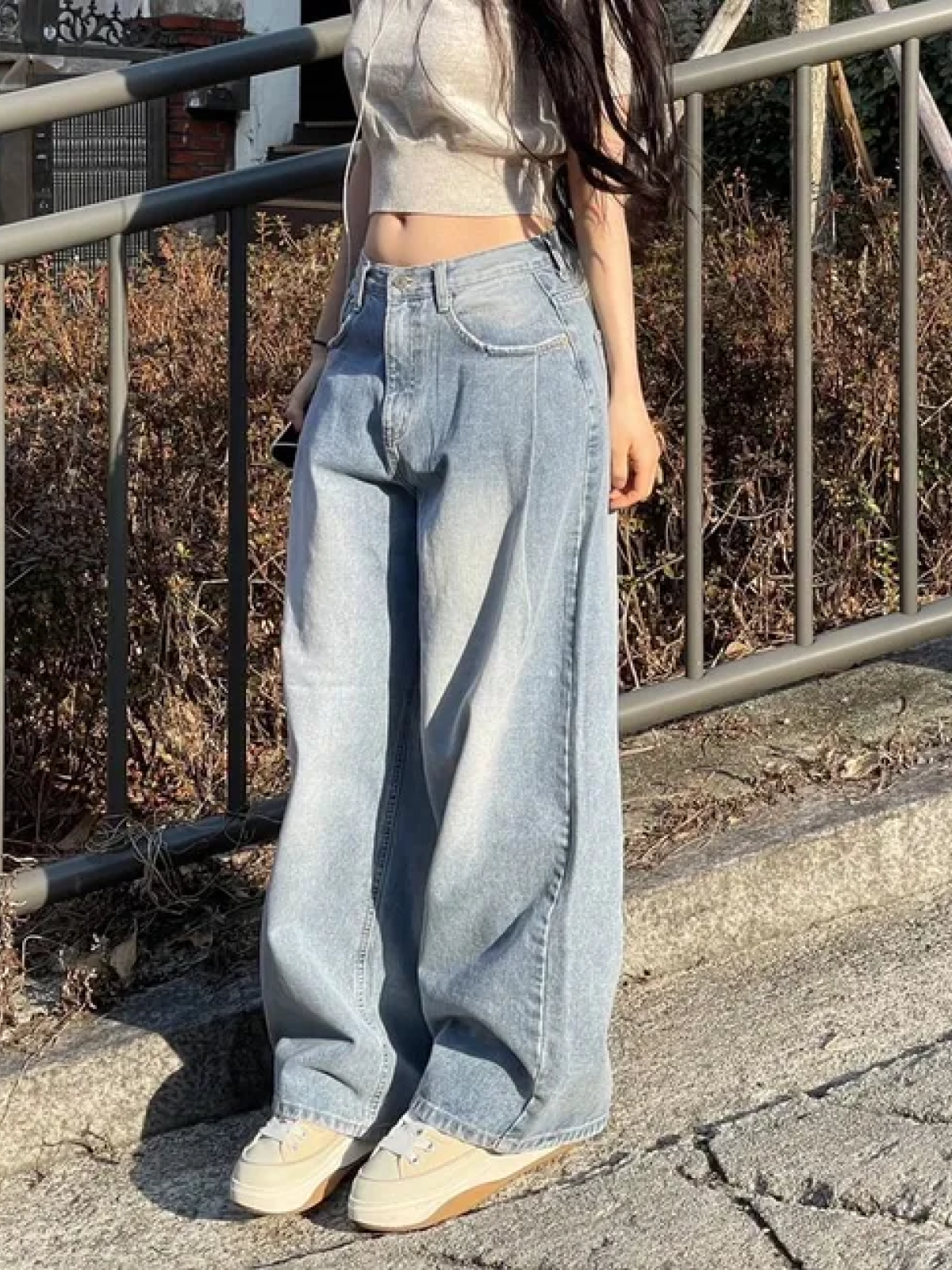 Pleated Vintage Semi-Wide Denim Pants – 2 Color