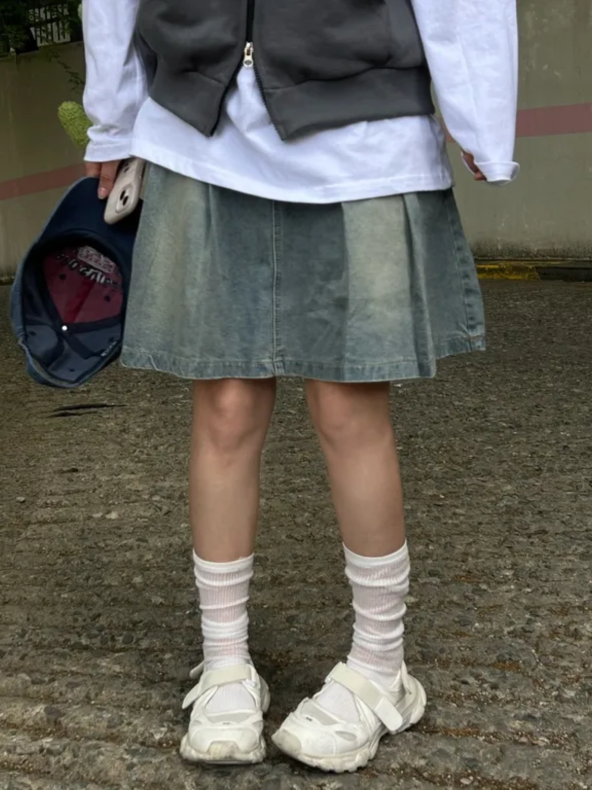 Vintage Washed Denim Skirt with Statement Pleats