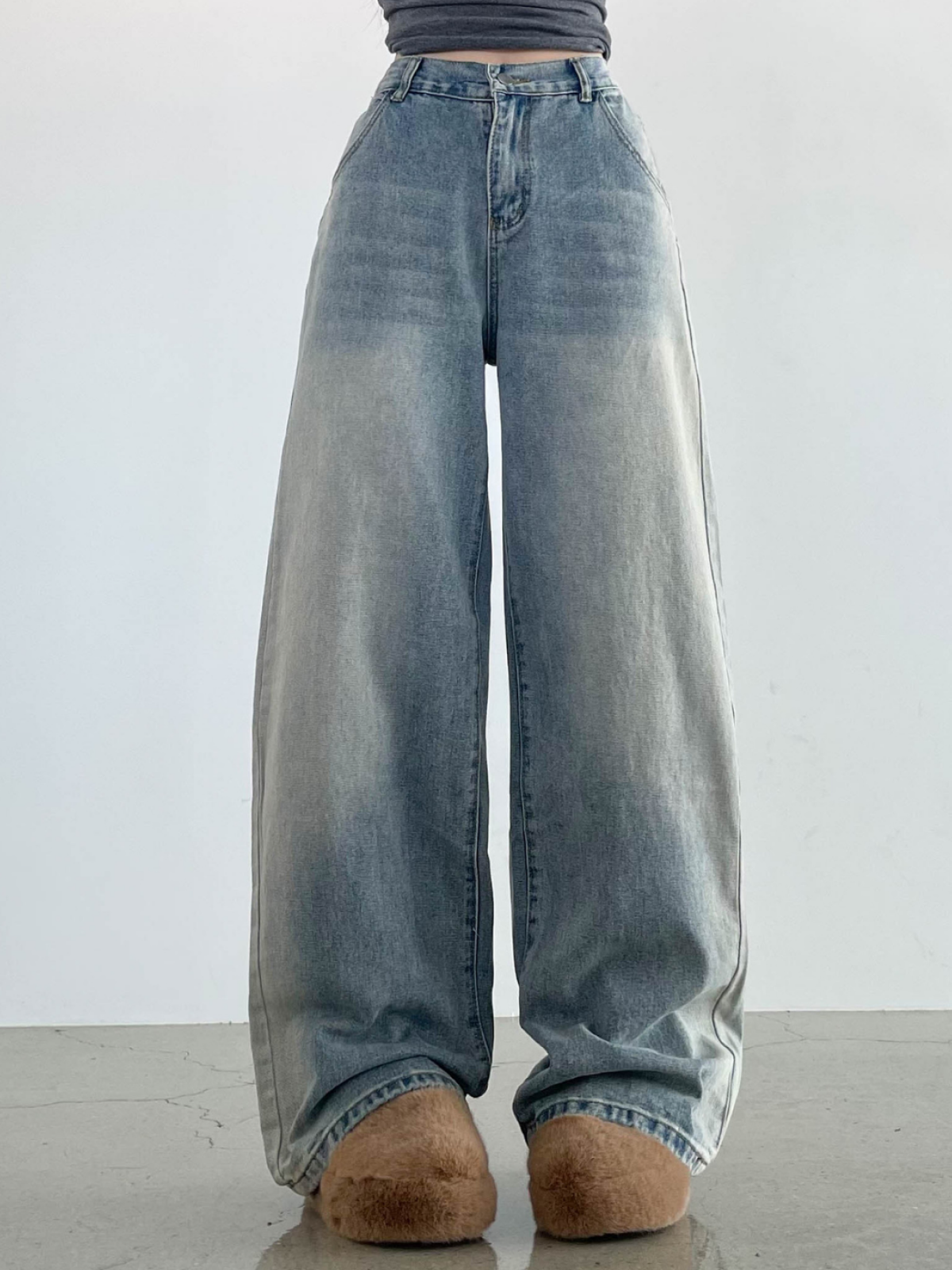 Washed Wide-Leg Denim Long Pants