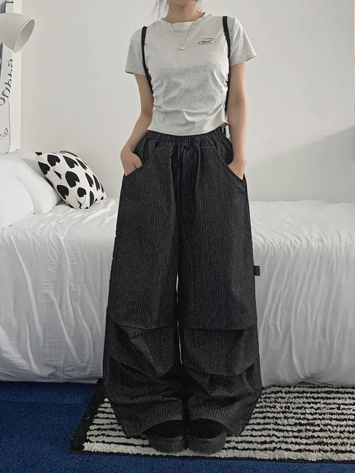 Knee Pin-Tuck Wide Balloon Denim Pants with Banding