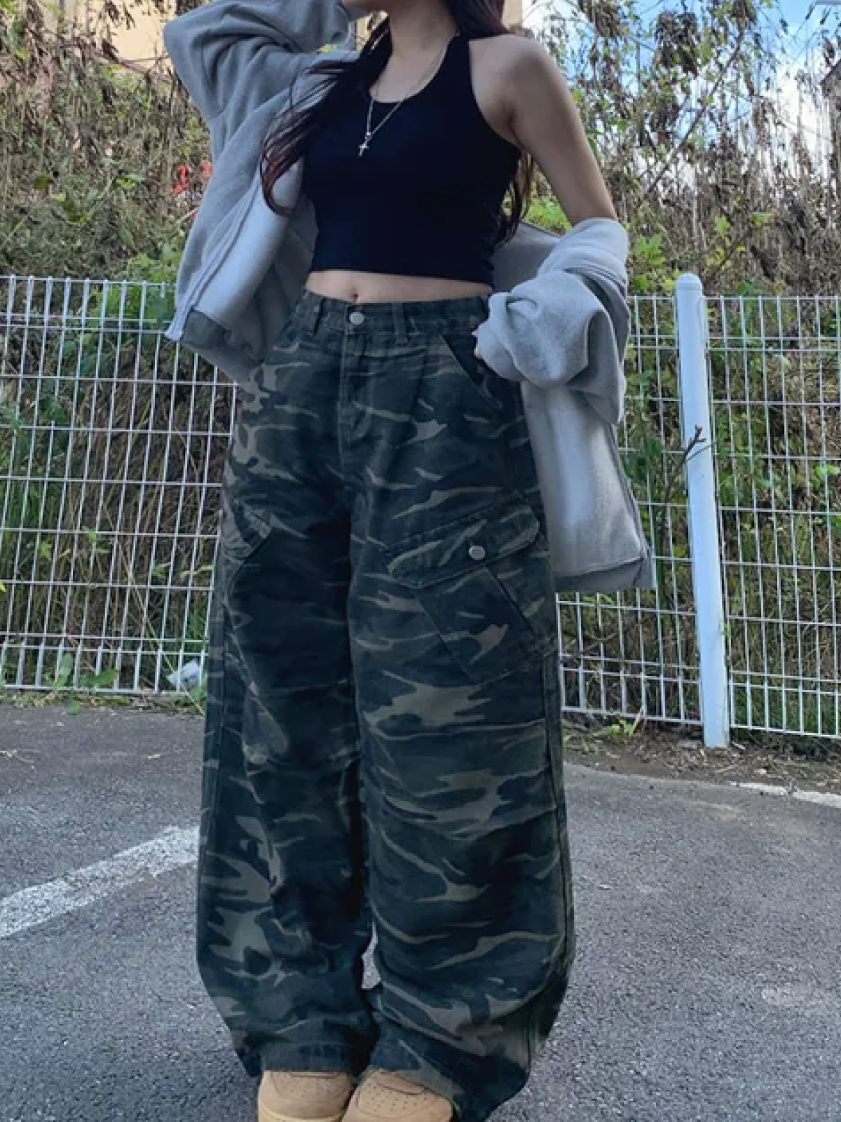 Camo High-Waisted Cargo Pants with Drawstring