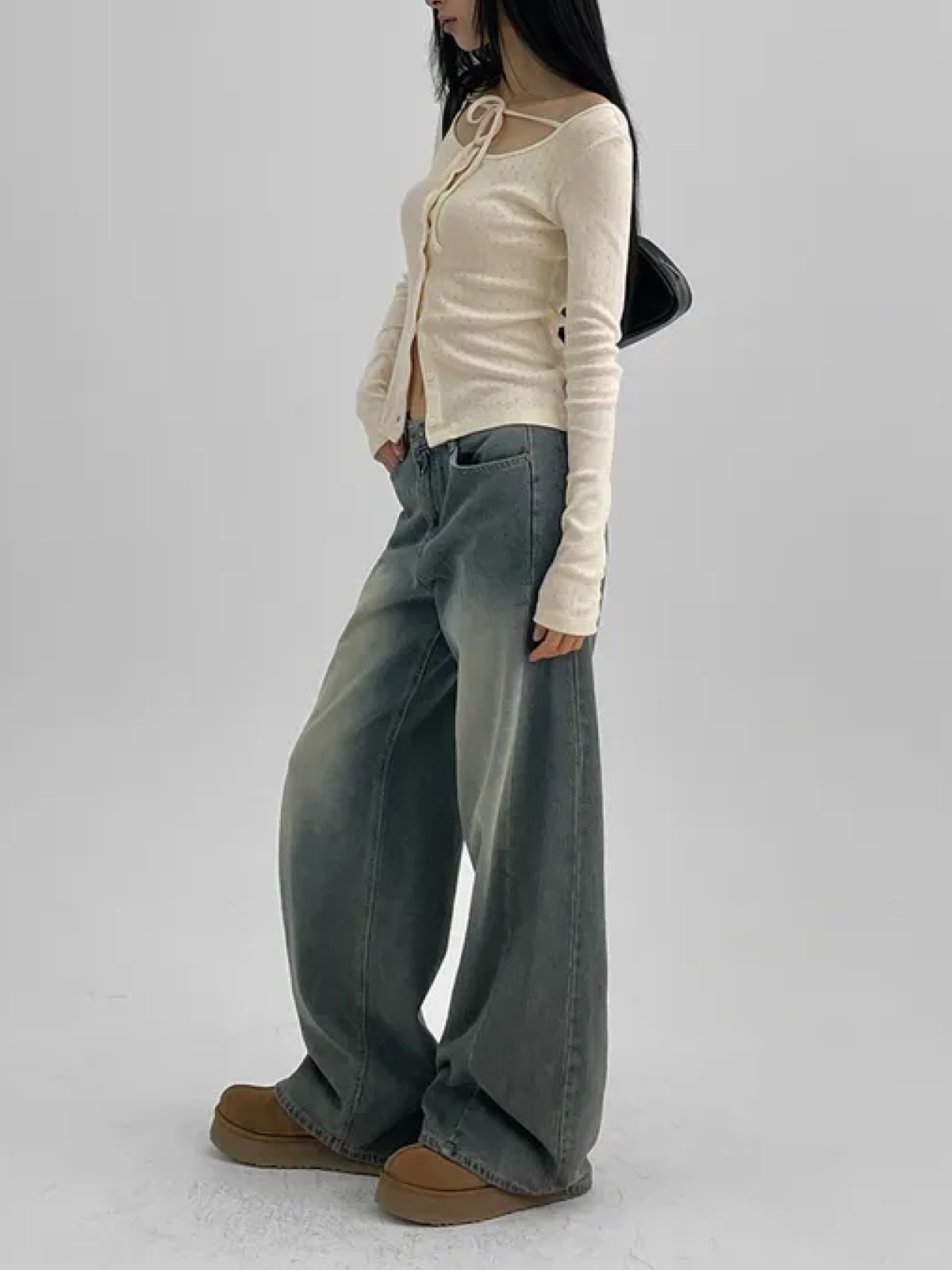 Vintage-Washed Wide-Leg Denim Pants (Relaxed & Full-Length Fit)