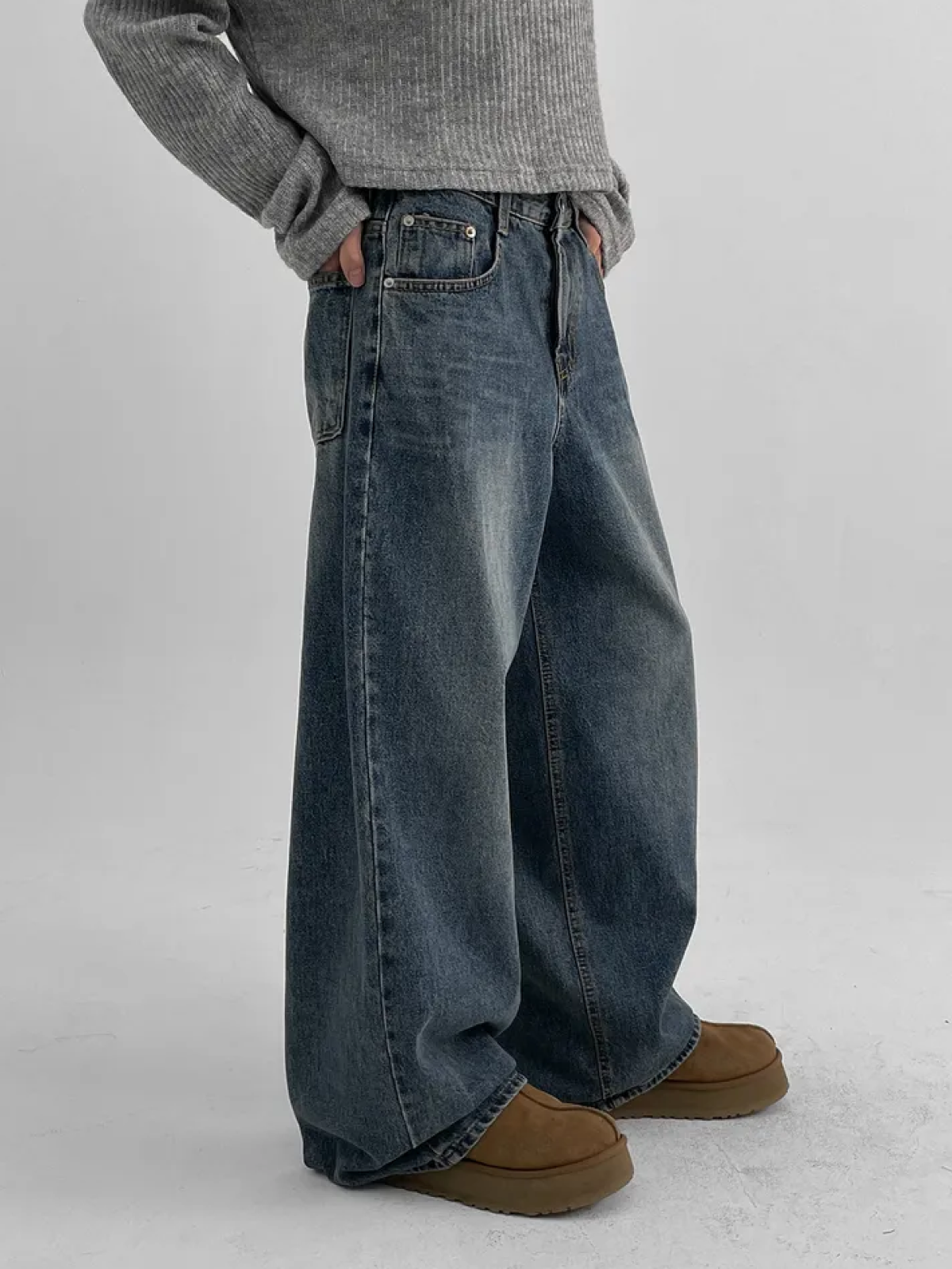 Nunity Washed Wide-Leg Denim Long Pants