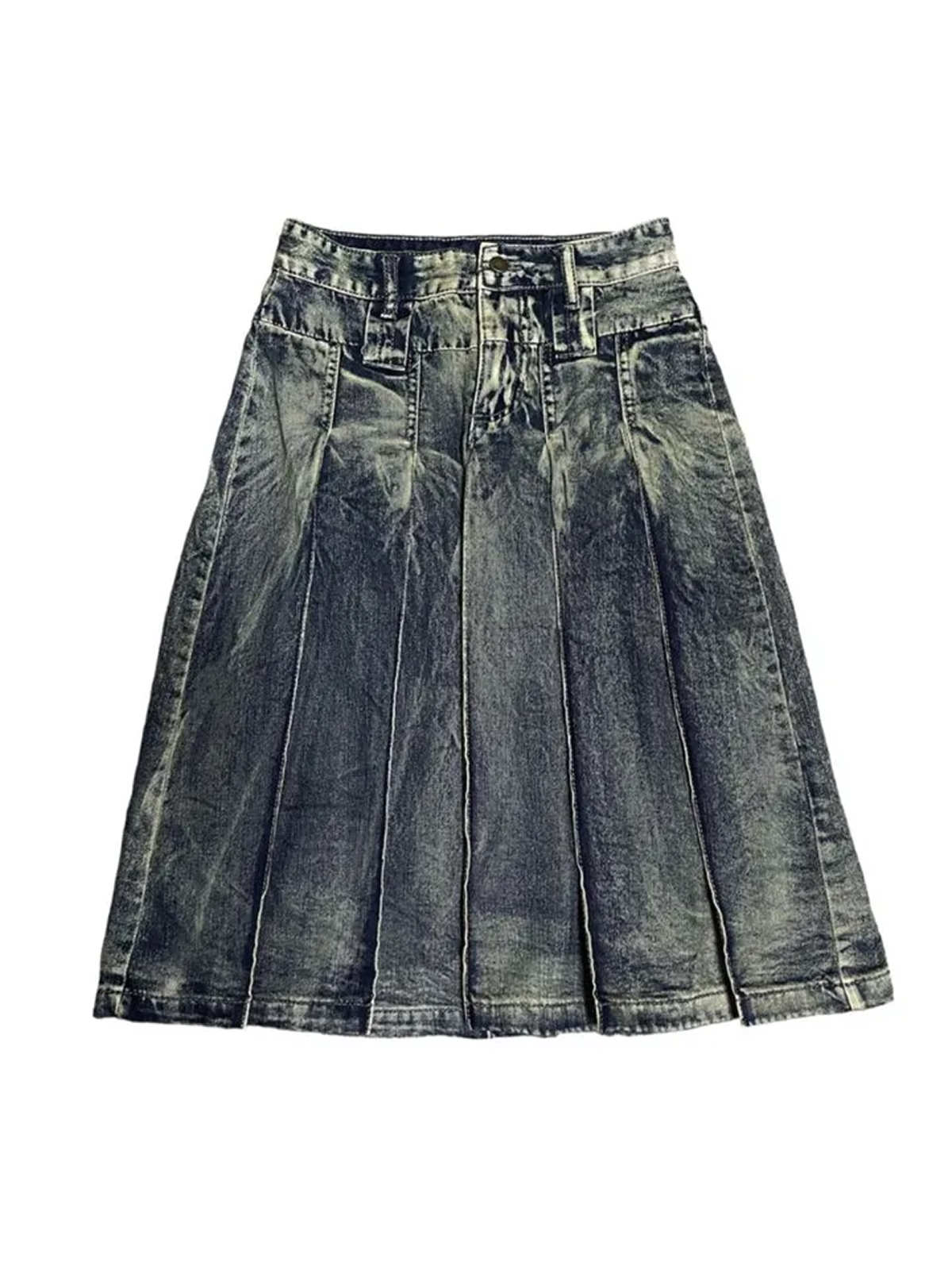 Vintage Washed Denim Skirt with Statement Pleats