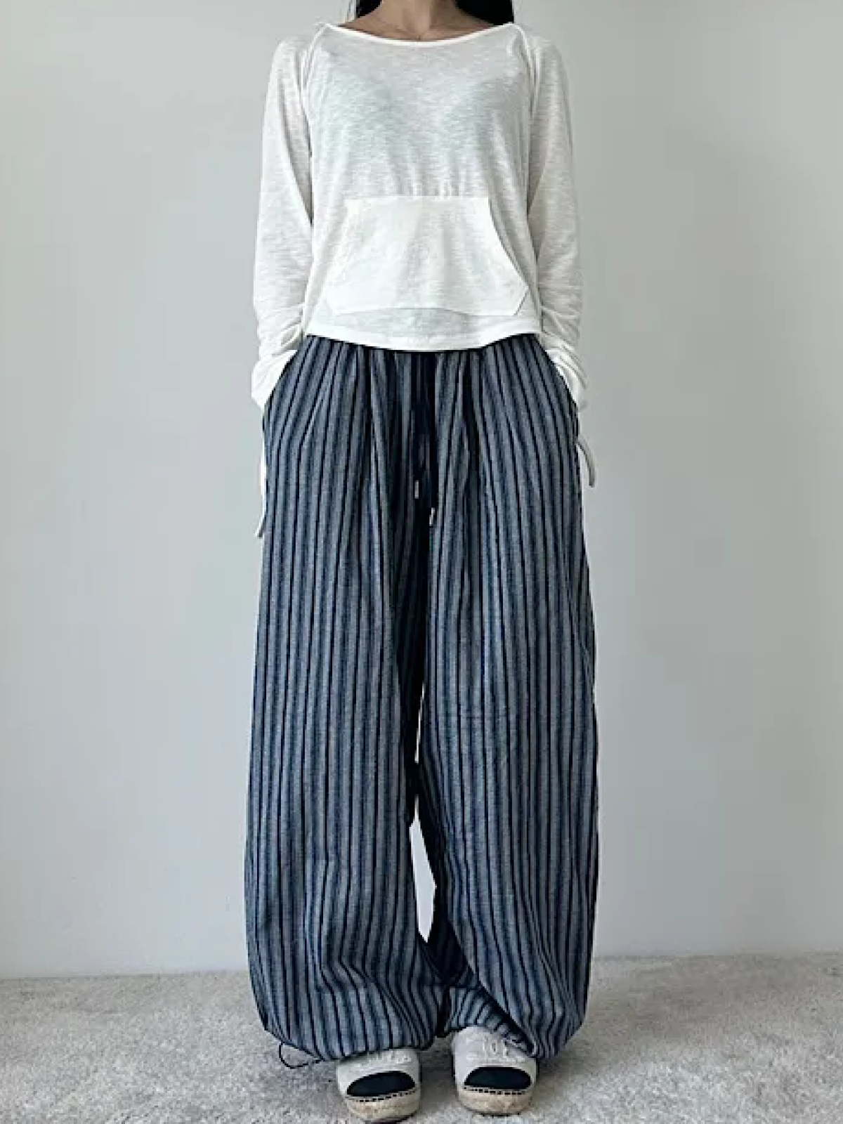 Stripe Color-Block Wide-Leg Pants with Drawstring