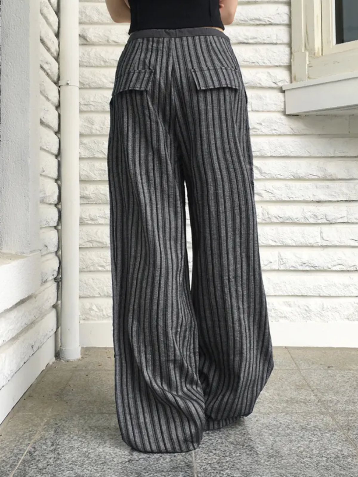 Stripe Color-Block Wide-Leg Pants with Drawstring