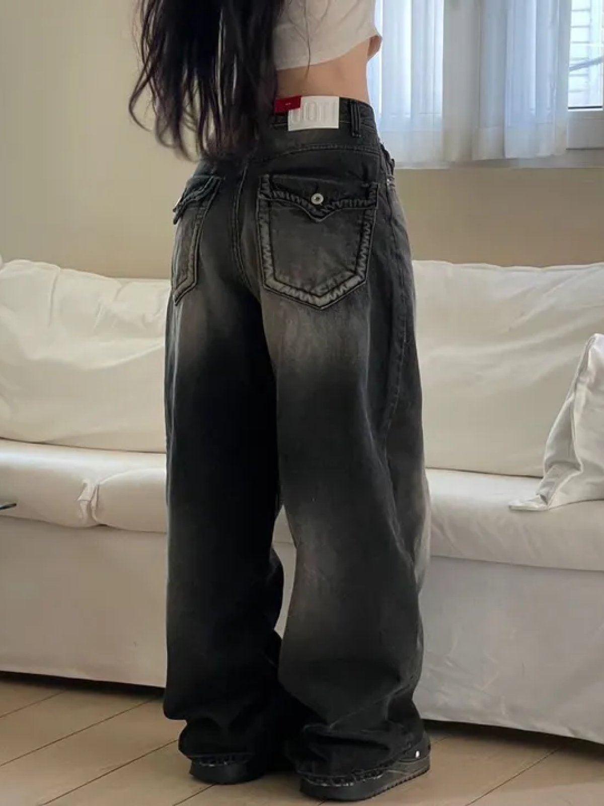 Pocket Wide-Leg Black Denim Pants