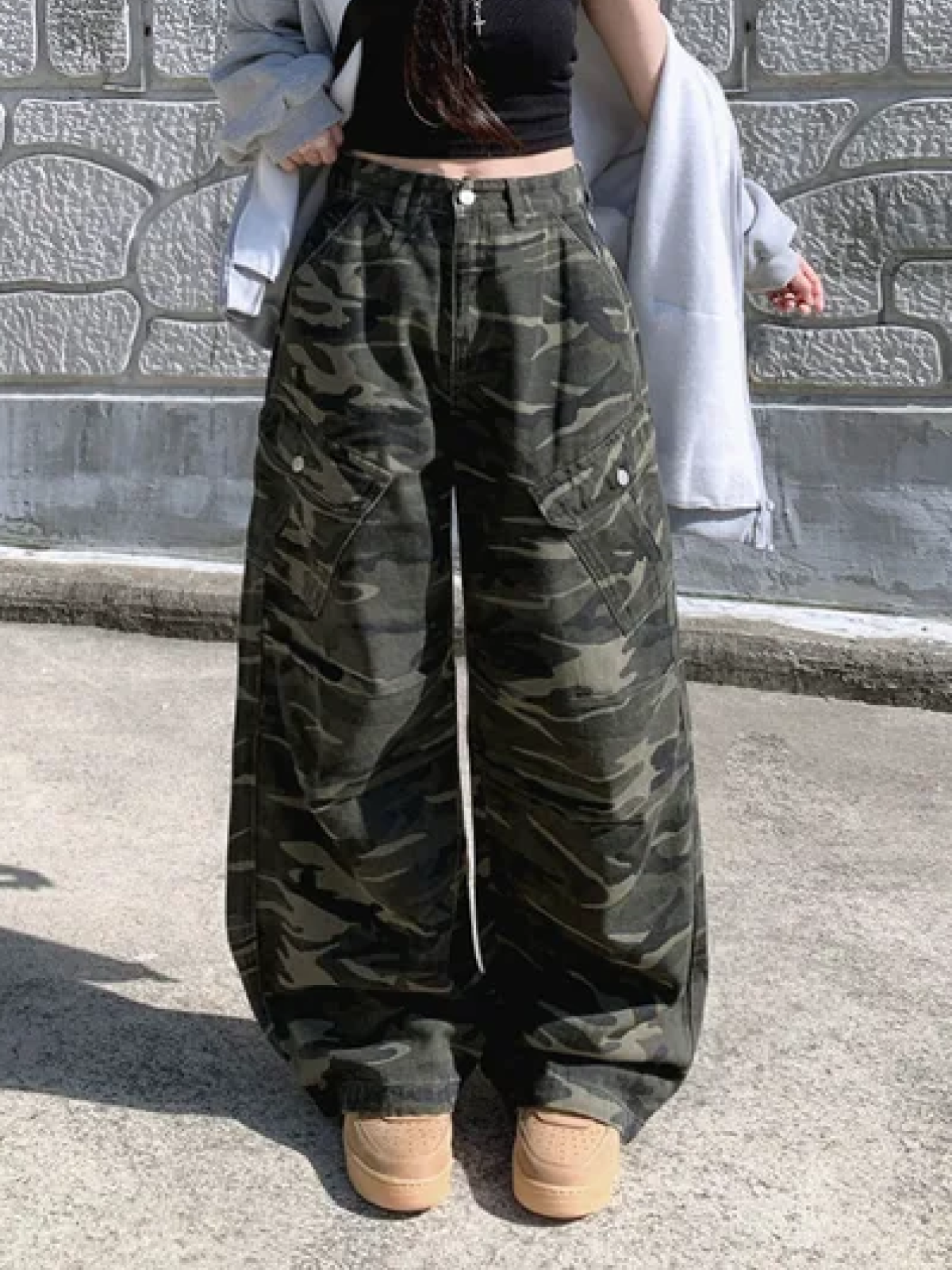 Camo High-Waisted Cargo Pants with Drawstring & Wide-Leg Design