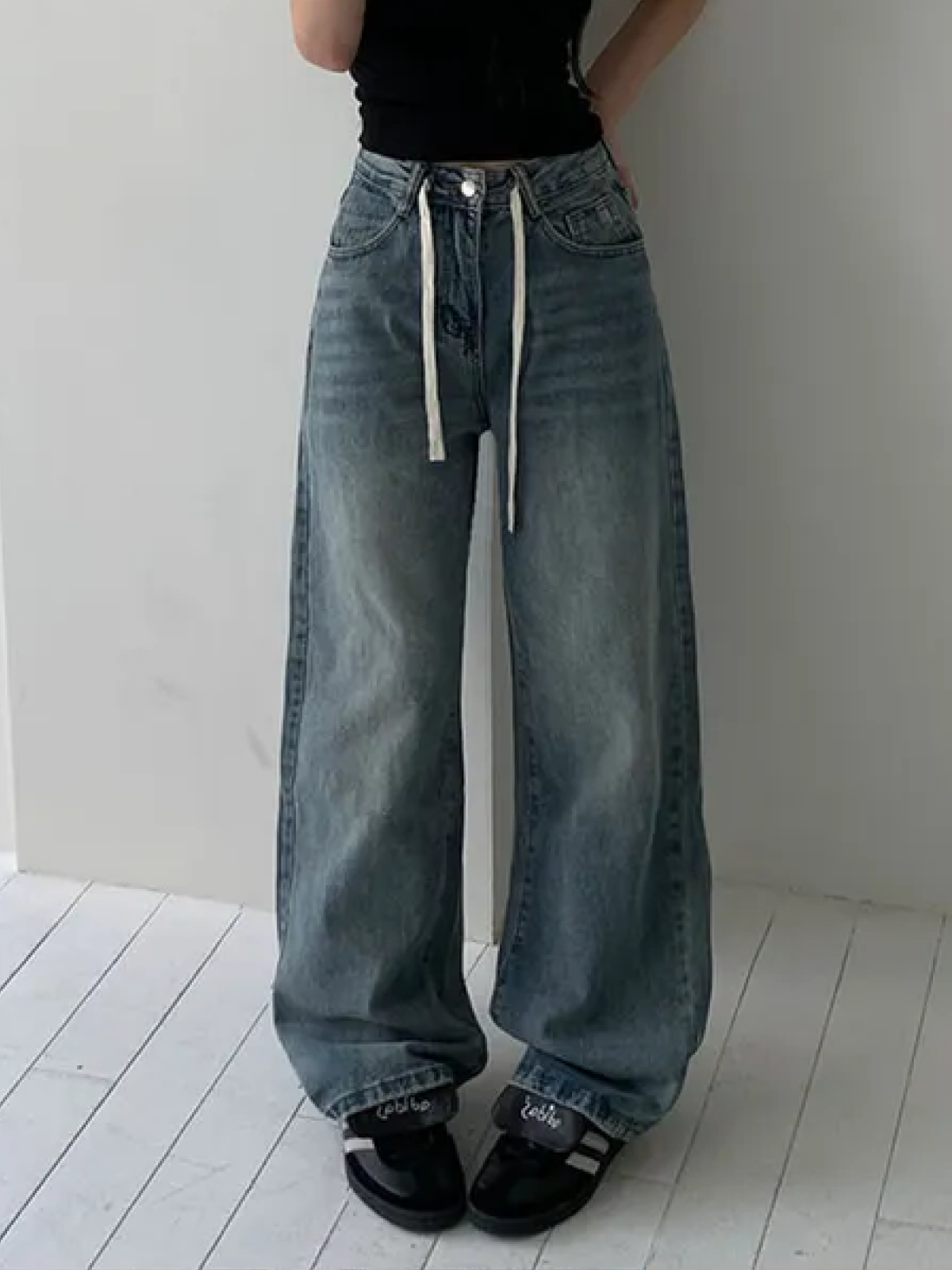 Wide-Leg Denim Pants with Vintage Strap Detail 3 Colors