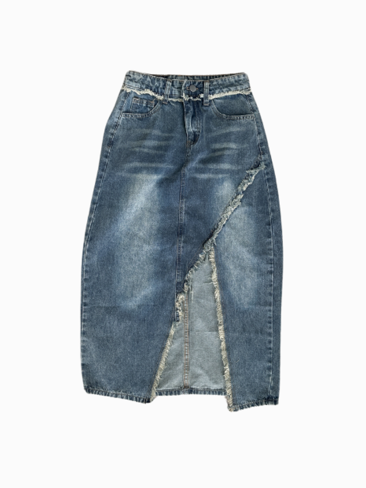 Vintage Washed Long Denim Skirt with Distressed Seam Detail