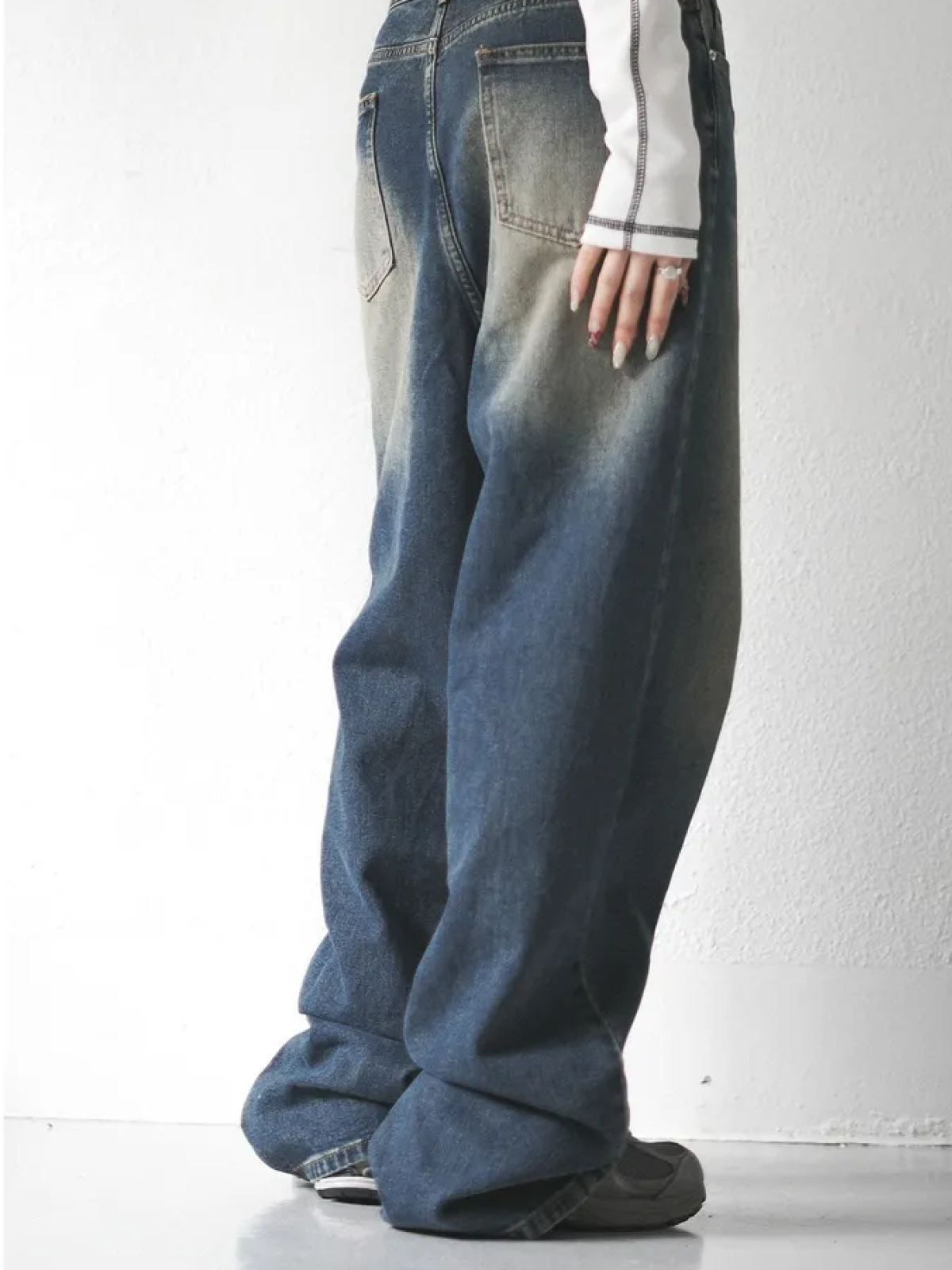 Vintage Washed Loose Wide-Leg Denim Pants – Extra Long Fit